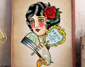 May include: A vintage-style illustration of a woman with a red rose in her hair, looking into a heart-shaped mirror that says "Damn you looking fine".
