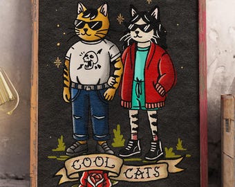 Lámina artística de gato con tatuaje retro – Diseño felino (Descarga digital)