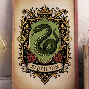 May include: A framed poster featuring the Slytherin crest. The crest includes a green snake on a green background, surrounded by a black and gold ornate frame. Red roses and the word "Slytherin" are also present.