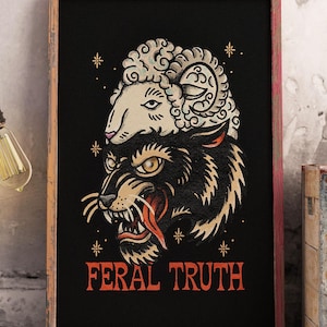 Feral Truth Old School Tattoo Art – Wolf Sheep Head Print, Dark Gothic Poster, Vintage Tattoo Flash, Alternative T-Shirt & Sticker Design