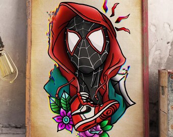 May include: Framed art print featuring a stylized illustration of Spider-Man in a red hoodie and red and white sneakers. The artwork includes floral elements and the word "POSTER" at the bottom. The print is set against a vintage-style background.