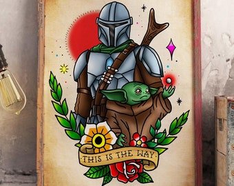 May include: A vintage-style poster featuring a Mandalorian character from Star Wars, holding a small green alien creature. The poster has a red sun, green leaves, and flowers in the background. The text "This is the way" is written in a banner below the characters.