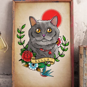 Custom Oldschool Cat Portrait + Free Tattoo Design