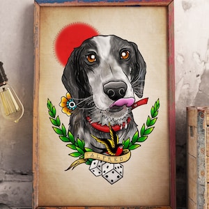 Personalisiertes Oldschool Hunde Portrait + gratis Tattoo Design