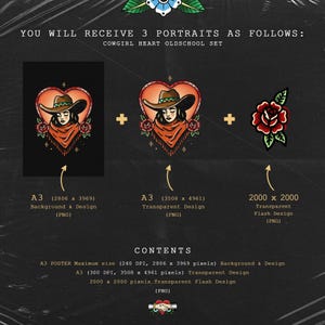 May include: Digital art set featuring three old-school style cowgirl portraits. The set includes a design with a black background, a transparent design, and a rose flash design. The text reads "YOU WILL RECEIVE 3 PORTRAITS AS FOLLOWS: COWGIRL HEART OLDSCHOOL SET."