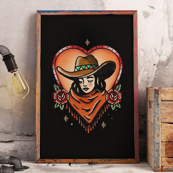 Cowgirl Heart Tattoo Art Print: Retro Western Wall Decor (Digital Download))