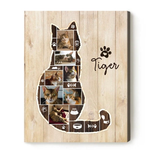 Personalized Cat Photo Collage Canvas, Cat Lover Gift, Cat Silhouette Photo Collage, Cat Photo Gift,Cat Shape Photo Frame, Cat Memorial Gift