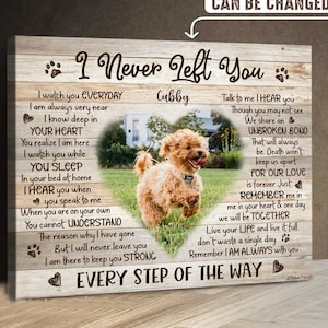 May include: A wooden sign with a heart-shaped frame and a photo of a small, light brown dog. The sign has a message about the bond between a pet and their owner, with the text "I Never Left You" at the top and "Every Step of the Way" at the bottom.