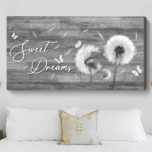 Large Wall Art For Bedroom, Farmhouse Bedroom Wall Decor For Above Bed, Dandelion Wall Art, Sweet Dreams Canvas, Master Bedroom Wall Decor