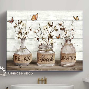 Farmhouse Bathroom Wall Art Relax Soak Unwind, Flower Jars Bathroom Canvas, Vintage Bathroom Art, Farmhouse Wall Decor, Funny Bathroom Sign