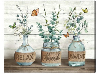 Farmhouse Bathroom Wall Decor, Bathroom Art, Mason Jar Wall Art, Relax Soak Unwind Sign, Bathroom Canvas, Bathroom Signs, Bathroom Wall Art