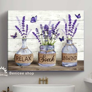 Farmhouse Bathroom Wall Art Relax Soak Unwind, Bathroom Lavender Canvas, Vintage Bathroom Art, Farmhouse Wall Decor, Funny Bathroom Sign
