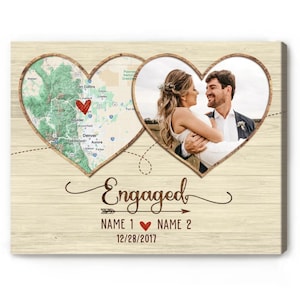 Personalized Engagement Map Print Canvas: Engaged Photo Gifts For Couple
