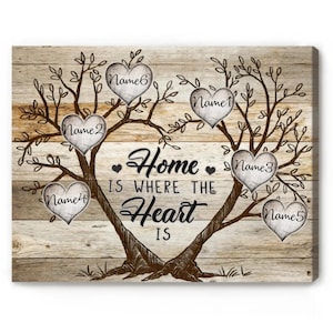 May include: A rustic wooden canvas print featuring a tree with six hearts, each with a name. The tree is shaped like a heart and the text "Home is where the heart is" is written on the canvas.