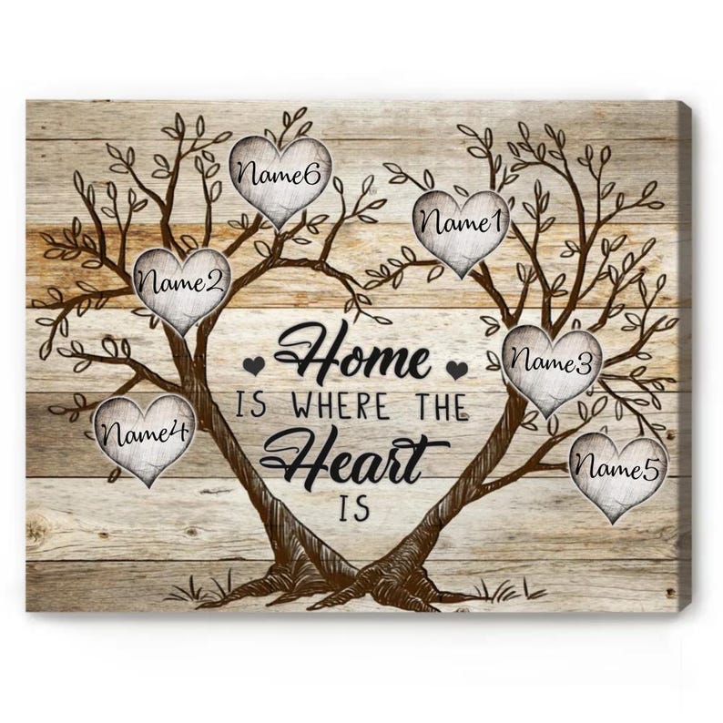 May include: A rustic wooden canvas print featuring a tree with six hearts, each with a name. The tree is shaped like a heart and the text "Home is where the heart is" is written on the canvas.