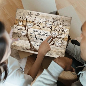 May include: A wooden sign featuring a family tree design. The tree has branches with hearts that have names written on them, including Linda, John, Michael, Kyle, and Jayce. The text on the sign reads "What I love most about my home is who I share it with."
