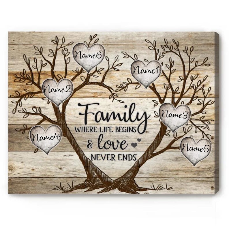 May include: A rustic wooden canvas print featuring a family tree design. The tree has six heart-shaped leaves with names written on them. The text "Family Where Life Begins & Love Never Ends" is written on the canvas.
