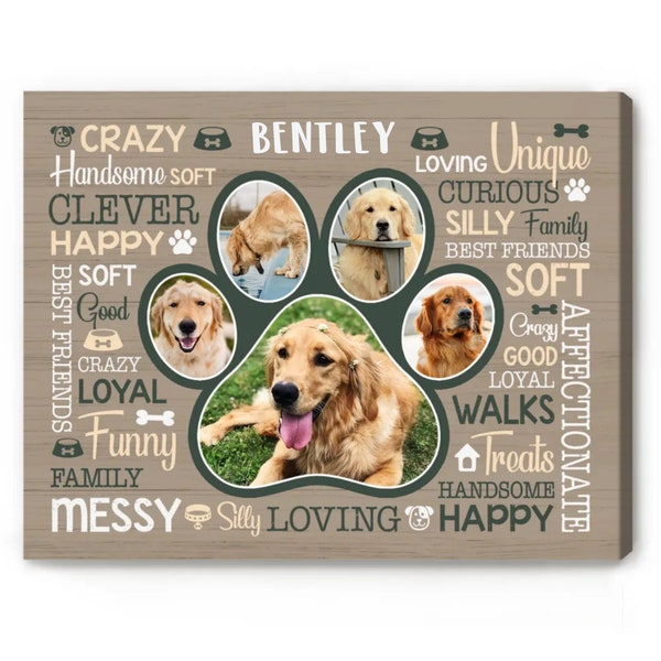 Custom Word Art Dog Photo Gift, Dog Mom Gift, Paw Print Photo Collage Canvas, Gifts for Dog Lovers, Word Cloud Dog Wall Art, Dog Owner Gifts