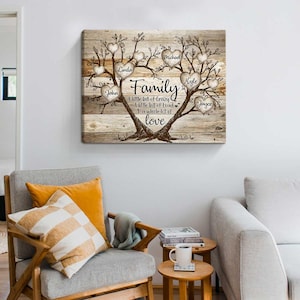 May include: A rustic wooden canvas print featuring a family tree design. The tree is made of branches with hearts for leaves, each heart has a name written inside. The text reads "Family, A little bit of crazy, A little bit of loud, A whole lot of love".
