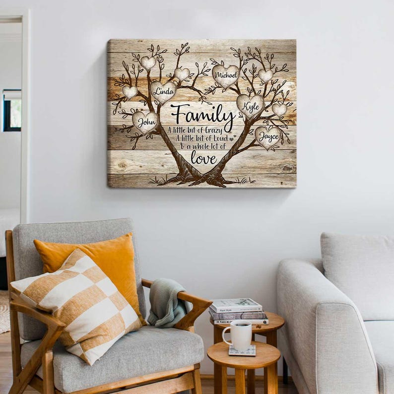 May include: A rustic wooden canvas print featuring a family tree design. The tree is made of branches with hearts for leaves, each heart has a name written inside. The text reads "Family, A little bit of crazy, A little bit of loud, A whole lot of love".