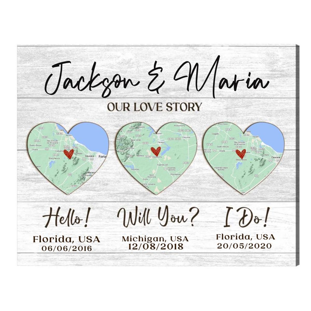 Hello, Will You, I Do Custom Map Canvas, Bridal Shower Gift Our Love Story Map, Met Engaged Married Map, Wedding Anniversary Gift For Couple