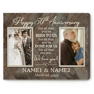 Personalized 50 Years of Marriage Photo Canvas, 50th Wedding Anniversary Gifts for Mom & Dad, Double Picture Frame, Golden Anniversary Gifts