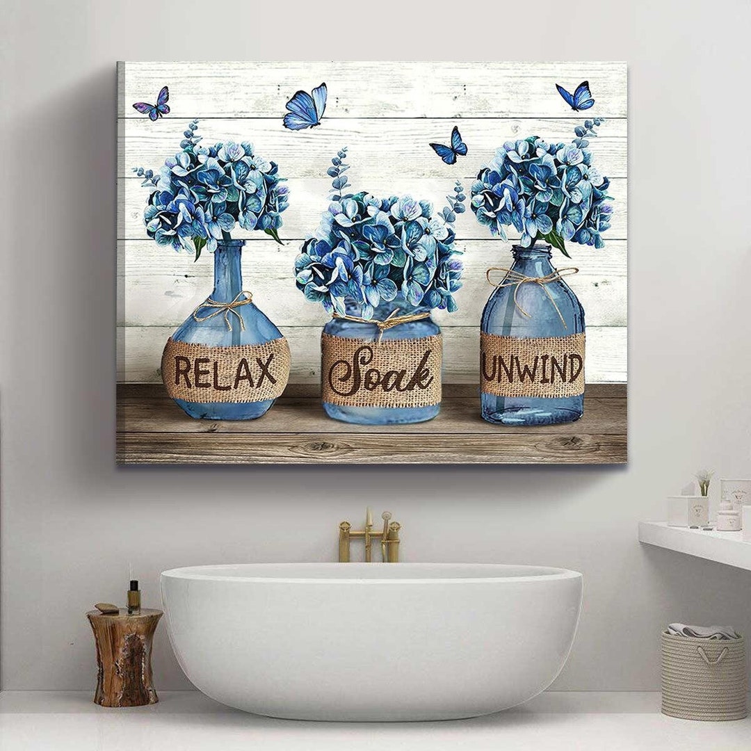 Farmhouse Bathroom Wall Art, Hydrangea Art, Vintage Bathroom Relax Soak