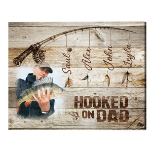 Fathers Day Fishing Gift With Kids Names, We’re Hooked on Dad Canvas, Father&#39;s Day Fisherman Gift, Dad Gift From Kids, Fishing Gifts For Dad
