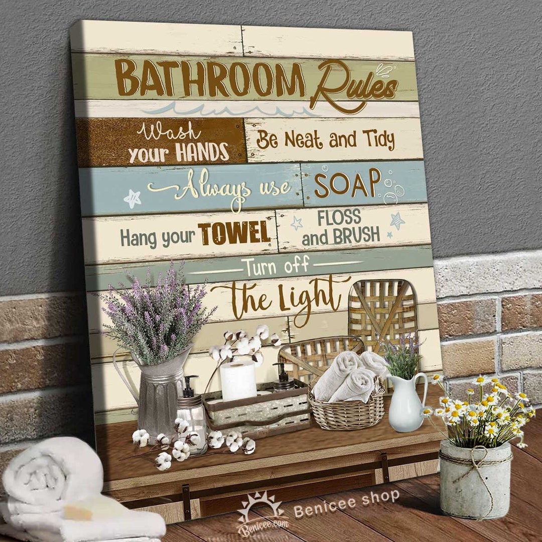 Bathroom Rules Canvas Farmhouse Bathroom Wall Decor Rustic Etsy