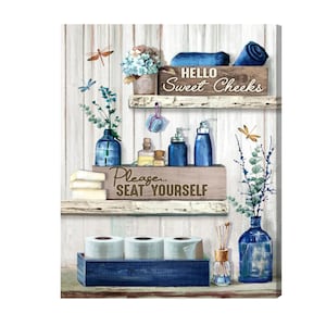 Funny Bathroom Canvas Art: Navy Blue Farmhouse Restroom Decor