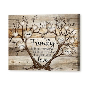 May include: A brown wooden family tree with heart-shaped leaves, each with a name written on it. The names are John, Linda, Michael, Kyle, and Jayce. The tree is surrounded by the text "Family", "A little bit of crazy", "A little bit of loud", "& a whole lot of love".