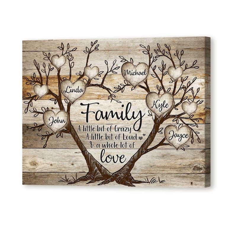 May include: A brown wooden family tree with heart-shaped leaves, each with a name written on it. The names are John, Linda, Michael, Kyle, and Jayce. The tree is surrounded by the text "Family", "A little bit of crazy", "A little bit of loud", "& a whole lot of love".