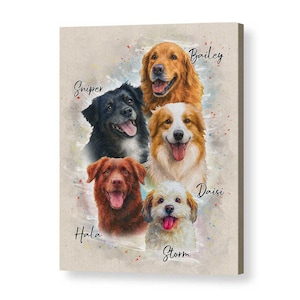 May include: A rectangular canvas print featuring a watercolor-style illustration of five dogs with their names written in black script: Bailey, Sniper, Hala, and Storm. The dogs are depicted with open mouths and tongues visible against a light background.