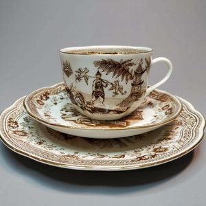 Trio Set Coffee Cup/Saucer/Plate Brown Singapore Arabia Finland Brown Decor with Gold Piping 1964-1975 image 2