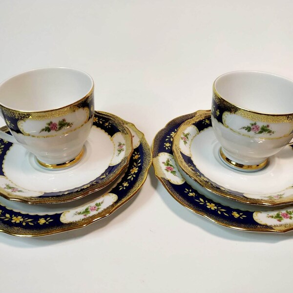 Winterling Röslau Marie Louise Kobaltblue SET of 2 Trio - Coffee Cups & Saucers and Plates - Winterling Bavaria Germany 80s