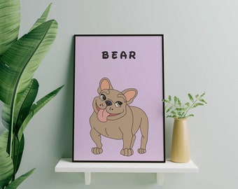 Portret Franse bulldog op maat en gepersonaliseerd, print franse hond, hond muurprint, cartoon hondenkunst, gepersonaliseerde hondenprint, aangepaste hondenkunst