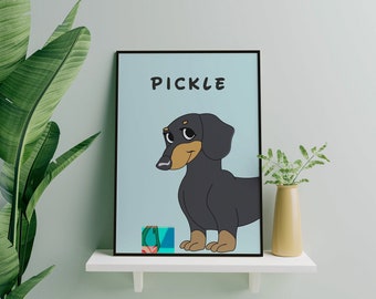 Teckel hond kunst aan de muur, portret aangepast en gepersonaliseerd, Wiener Dog Print, Cartoon Dog Art, gepersonaliseerde hondenprint, Custom Weiner Dog Art