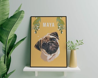 Mopshond portret, aangepaste huisdier portretten, hond kunst aan de muur, hond digitale hond, gepersonaliseerde hond afdrukken, digitale afdruk hond hond, hondenliefhebber geschenken