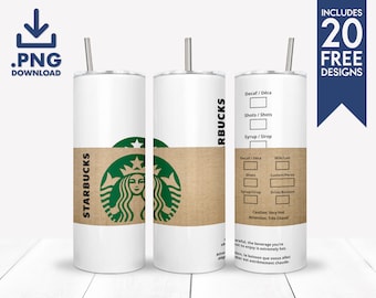 Op de afbeelding: Witte tumbler met een zilveren rietje, met het Starbucks-logo en een bruine papieren hoes. Het ontwerp bevat een sectie voor drankaanpassing en de tekst "INCLUDES 20 FREE DESIGNS".