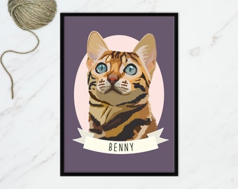 Aangepaste huisdier portretten, Bengaalse kat kunst aan de muur, Bengaalse kat portret print, digitale Bengaalse kunstwerk, kat poster kunst, Bengaalse kat poster print