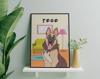 Duitse herder Cartoon Dog Print, Portret Custom en Gepersonaliseerd, Dog Wall Art, Gepersonaliseerde Dog Print, Dog Print, Custom Disney Dog Art