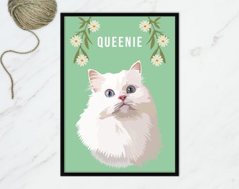 Aangepaste huisdierportretten, digitale kat, huisdier kat muurkunst, portret Perzische kat, gepersonaliseerde kat print, kat kunst aan de muur print, kat poster kunstontwerp