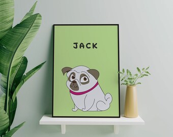 Aangepaste Pug portret print, aangepaste en gepersonaliseerde print, Pug Dog kunst aan de muur, giften voor mopshonden, gepersonaliseerde hond print, hond minnaar geschenken