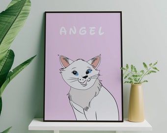 Witte kat aangepaste print, gepersonaliseerde kattenprint, kat cartoon print, langharige kat kunst aan de muur, aangepaste witte kat kunst, witte kat posterkunst