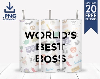 May include: Three white stainless steel tumblers with the text "WORLD'S BEST BOSS" and various themed graphics. Each tumbler has a silver straw. The image also includes the text ".PNG DOWNLOAD" and "INCLUDES 20 FREE DESIGNS".