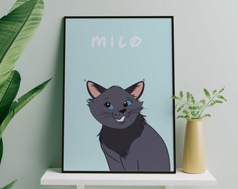 Zwarte kat aangepaste print, gepersonaliseerde kattenprint, langharige kat kunst, aangepaste zwarte kat kunst, cartoon kat print, kunst aan de muur kat, huisdecoratie huisdier