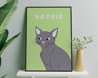 Russische blauwe kat aangepaste print, gepersonaliseerde kat print, aangepaste kat cartoon print, grijze kat kunst, aangepaste korthaar kat kunst, grijze kat muur print