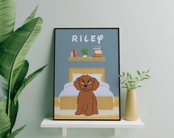 Teddybeer hondportret aangepast en gepersonaliseerd, hond kunst aan de muur, cartoon hond, gepersonaliseerde hondenafdruk, cockapoo-hond afdrukken, aangepaste hondenafdruk