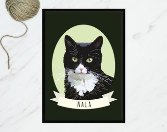 Aangepaste huisdierportretten, zwart-witte kat kunst aan de muur, Moggy Cat print, smoking kat portret, digitale korthaar, kat poster kunst aan de muur, kat poster kunst aan de muur,