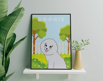 Aangepaste Bichon Frisé gepersonaliseerde print, Bichon-hond kunst aan de muur, hond print, cartoon hond print, gepersonaliseerde honden print, aangepaste Bichon-hond kunst